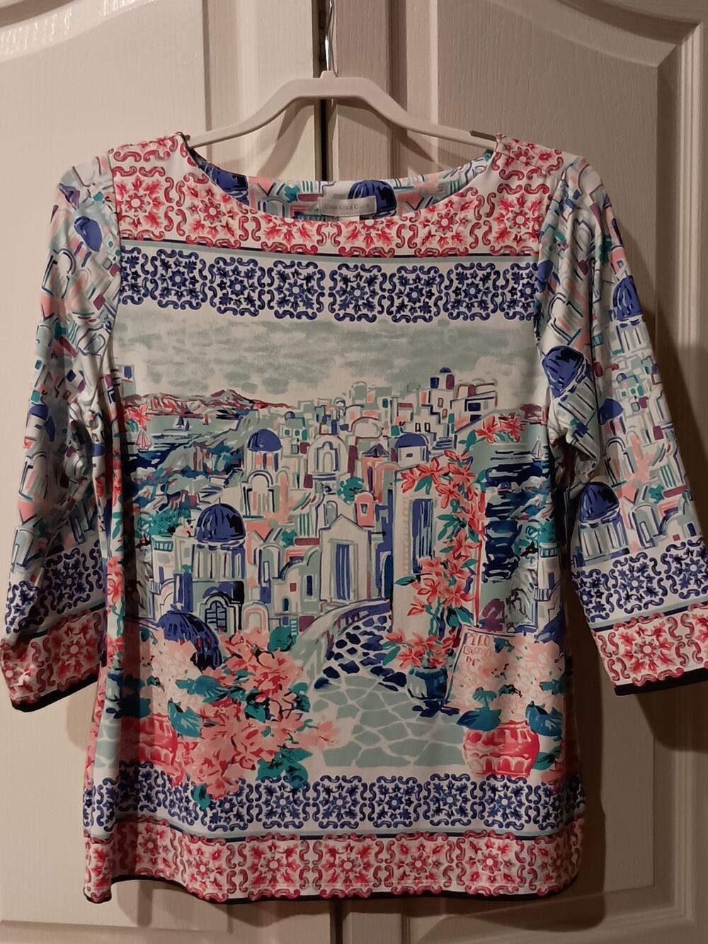 Charter Club Scenic Boatneck Long Sleeve Top in Blue, Pink and Teal